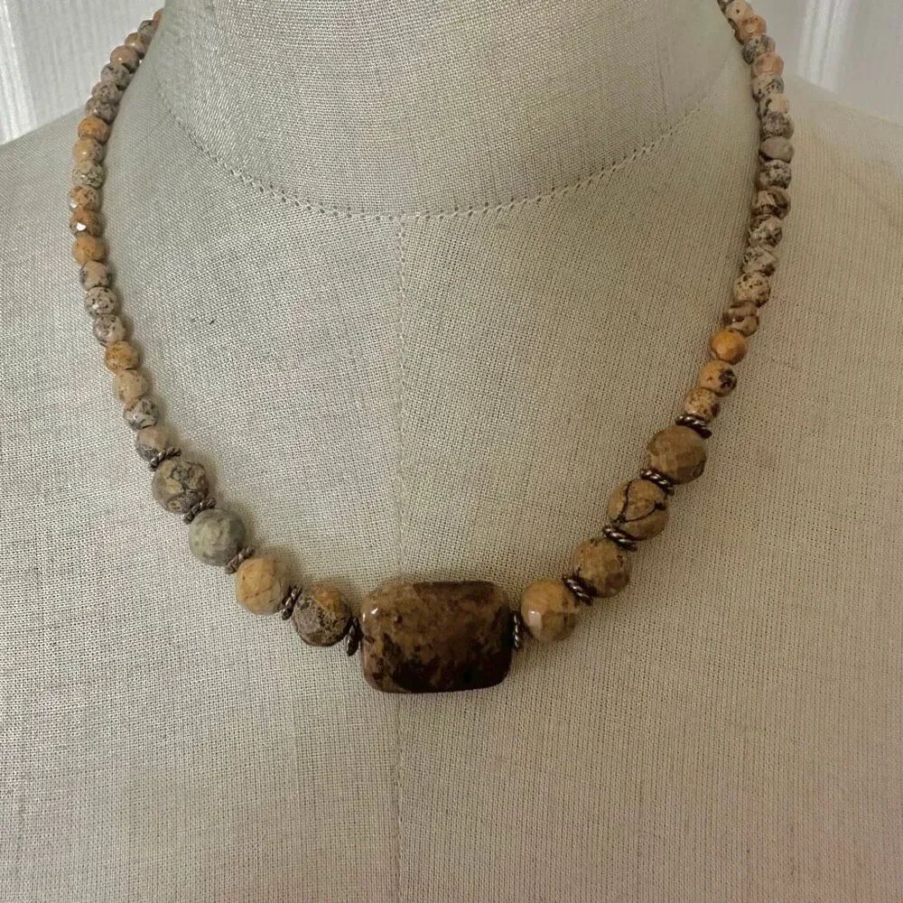 Picture Jasper Statement Necklace with Faceted Beads & Large Focal Stone